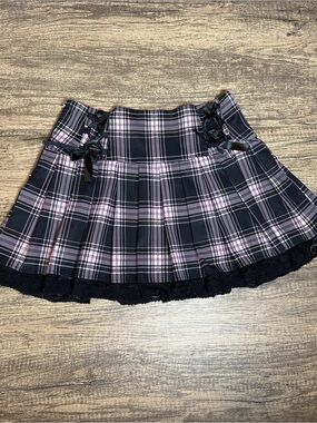 Pleated Pink & Black Plaid Mini Skirt with Lace Trim